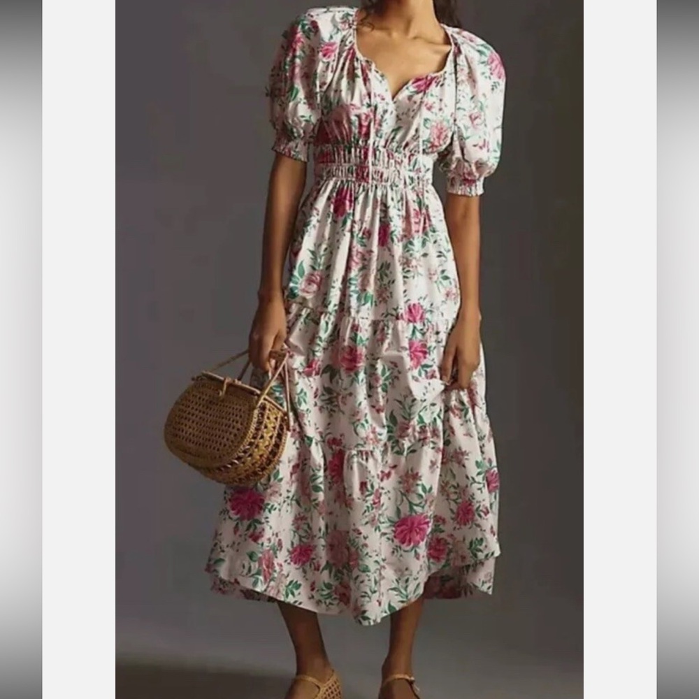 Anthropologie The Somerset White and Pink Floral Midi Dress